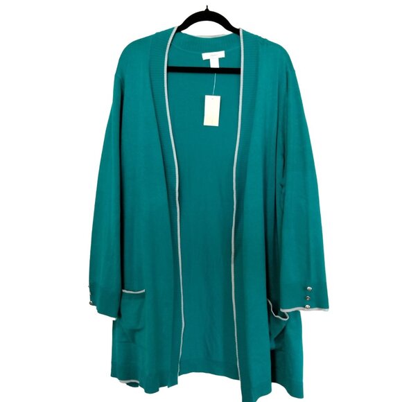 Christopher & Banks Plus Size 3X Teal Cardigan With Gray Trim & Button Detail - Picture 2 of 9